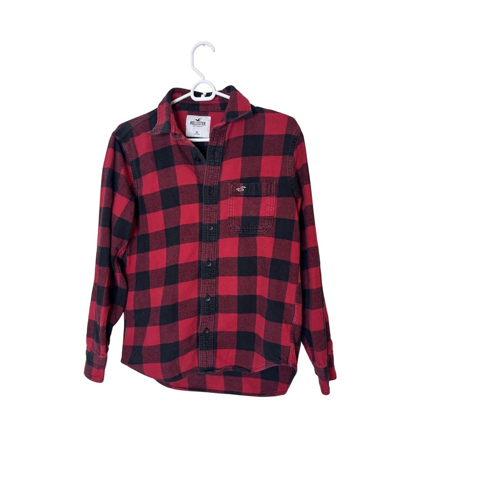 Hollister Shirt Mens XS Red Black Long Sleeve Buffalo Plaid Flannel Button Up
